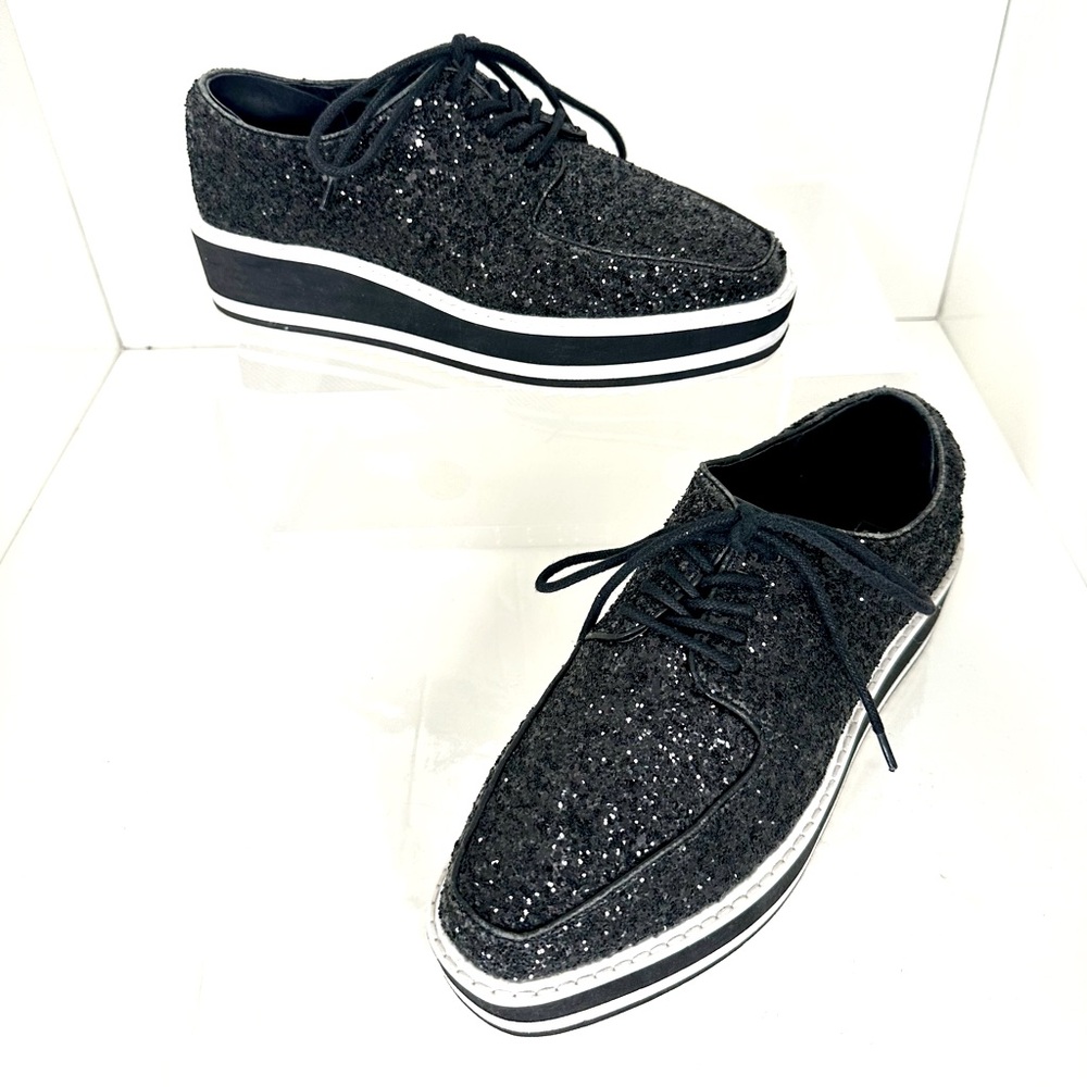 Sol Sana Black Tabbie Leather Glitter Platform Oxford Shoes